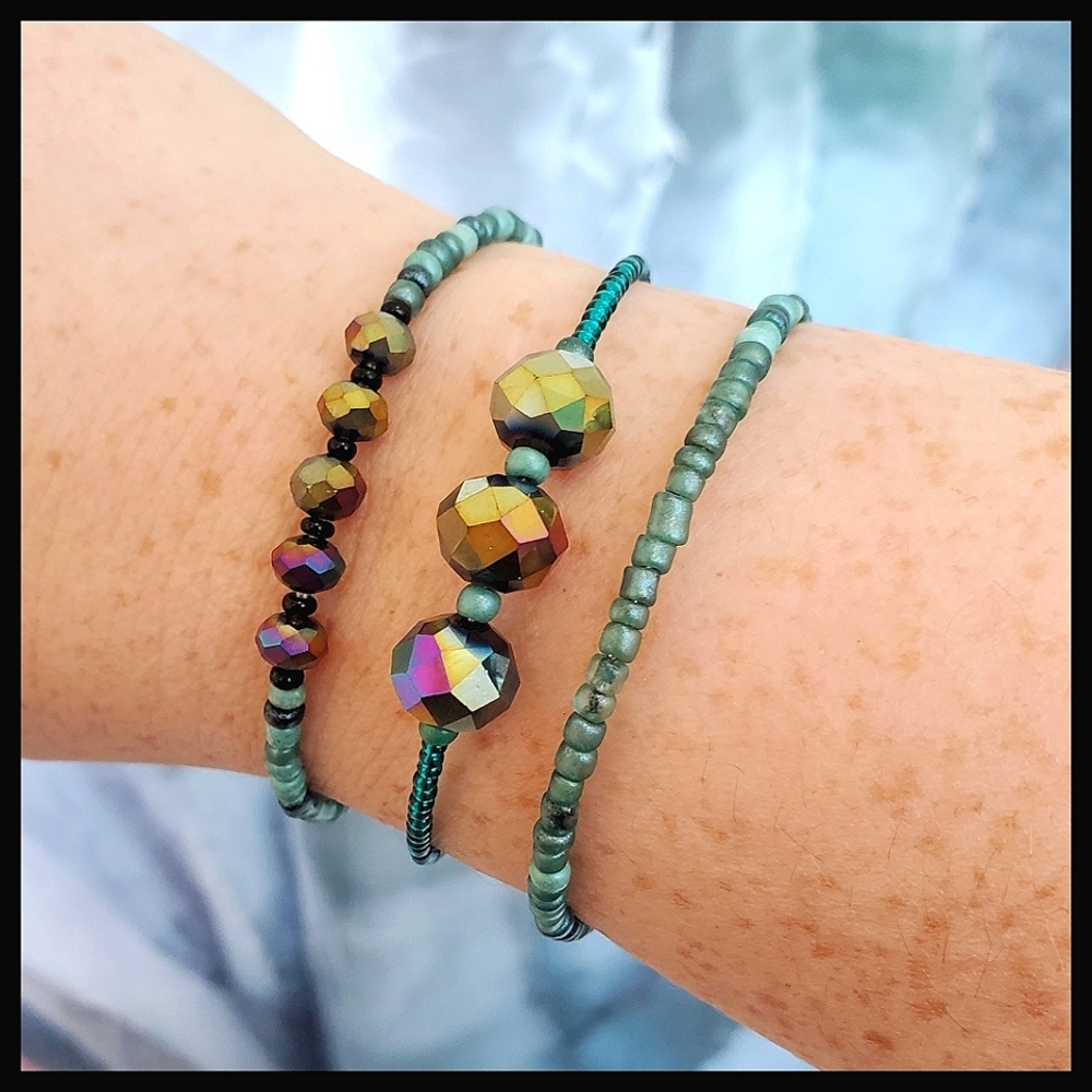 Beautiful Sea Green Glass Bead Trio of Bracelets